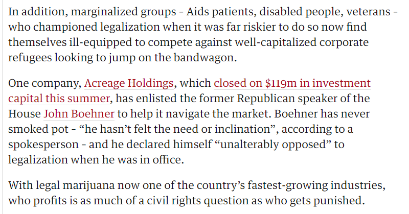 It's gotten so bad that Marijuana companies are employing John Boehner, Republican speaker of the House and fervent opponent of legalization, to help grease the wheels of their ever growing profits.