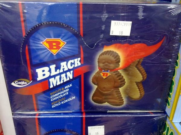 These weird cookies are made in Romania and are sold in Romania, Turkey and Albania. They are called "Black Man" cookies. This edible but racist caricature wears a cape, the letter "B" on his chest, features wavy cornrow-looking hair and a large nose and lips.