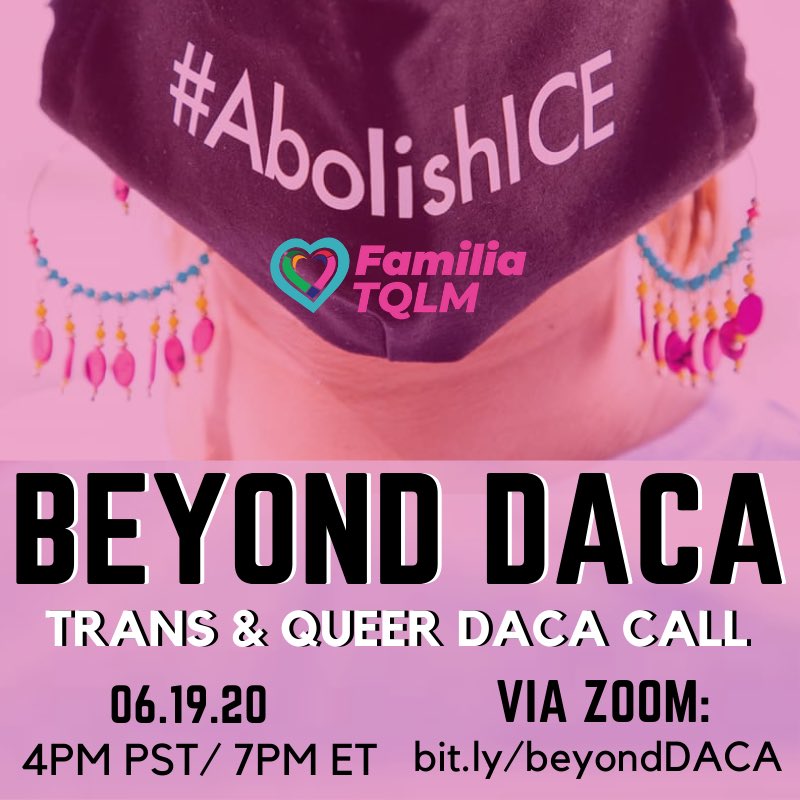 familiatqlm's tweet photo. Join us tomorrow for a Trans and Queer Immigrant Zoom Call.
Now's the time to fight for all immigrants, beyond DACA recipients. Our Familia can’t be left behind.
Zoom link: https://t.co/mikz8HVGxQ
#BeyondDACA #AbolishICE https://t.co/6udV83T1en