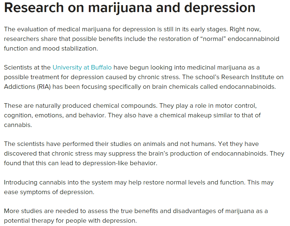 Also Cannabis is a pretty mixed cure for depression. There's been some research on animals that it can help alleviate stress. However, there's also been studies showing a link between regular Cannabis usage and depression.  https://www.healthline.com/health/depression/medical-marijuana-for-depression#research https://pubmed.ncbi.nlm.nih.gov/23795762/ 