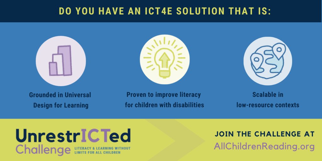 Apply now to @AllChildrenReading's #UnrestrICTed Challenge to have your scalable innovation for #InclusiveEducation tested by the partnership of <a href="/USAID/">USAID</a>, <a href="/WorldVision/">World Vision</a> and @DFAT. bit.ly/2YlrOTH