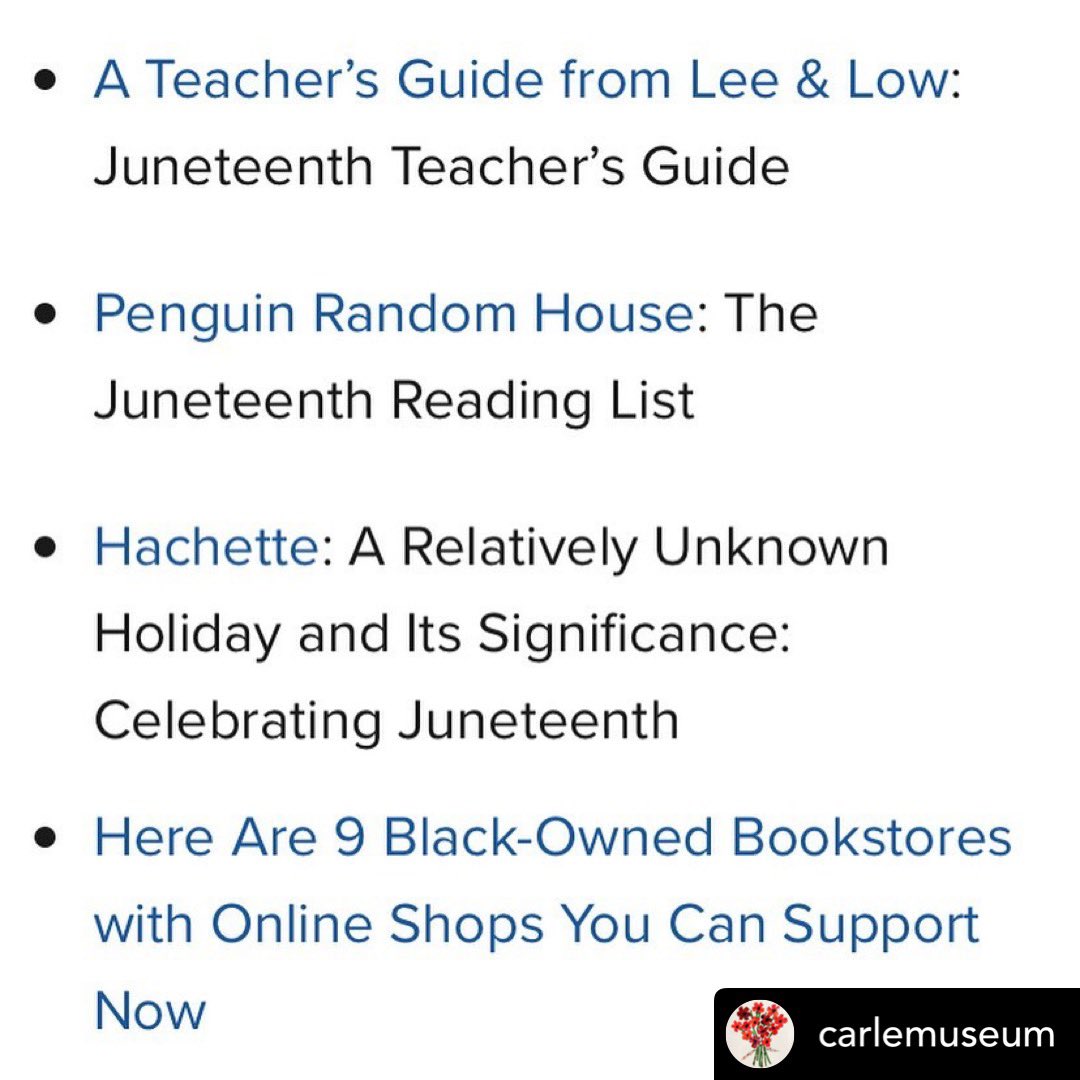 ibidmobile's tweet photo. • Shoutout Thursday•                                @carlemuseum Children’s Books Celebrating and Historicizing Juneteenth (6/19)
@childrensbookcouncil 📚 🖤

See link to this reading list in our stories. 
@leeandlow @penguinrandomhouse @nypl 
#blackownedbookstore #readinglist https://t.co/Q7CaqGMoJH