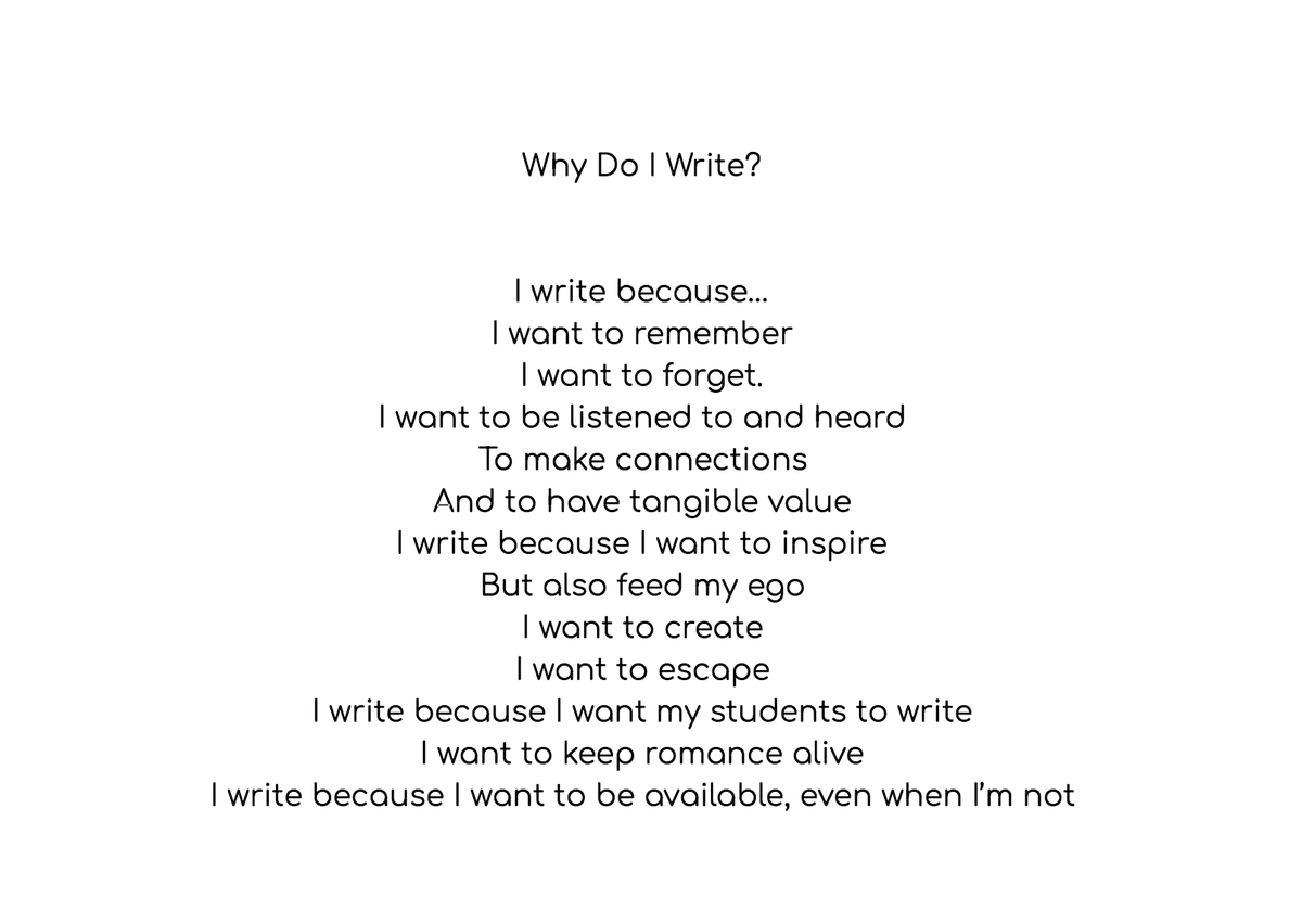 Mrsablund's tweet photo. Some thoughts that came up while doing "writing homework"... if there is such a thing. AKA freedom to give yourself permission to write. Some reasons why I write and why I am doing my MAT at @owpmu #4weekcourse #readwritesketch @ncte #ThursdayMotivation https://t.co/YO6N0sTyUA