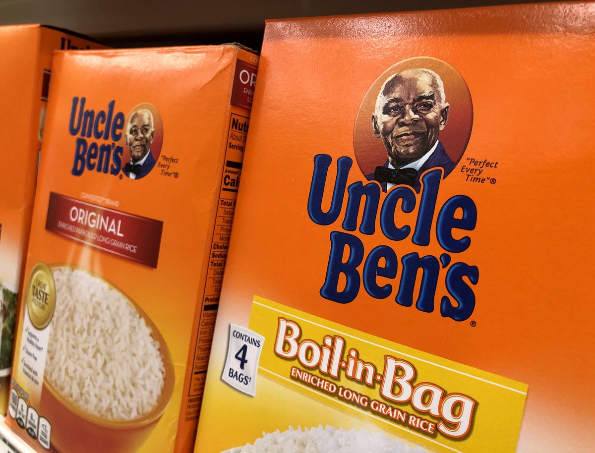A Black man has appeared in ads for Uncle Ben's Rice since 1946. Like Aunt Jemima,it’s a caricature that lingered after slavery. Also In the same vein as the pancake brand,the practice of whites calling elderly Blacks as "uncle"&"aunt" because "Mr." & "Mrs."were deemed unsuitable