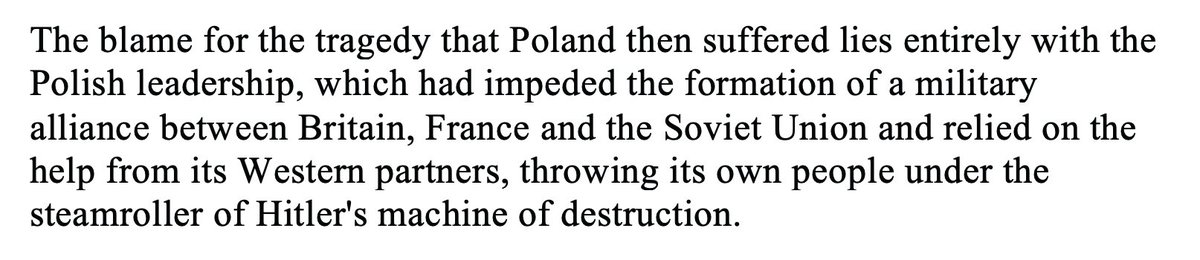 Then he shamefully blames Poland (again) for having been carved up by the USSR and the Nazis.