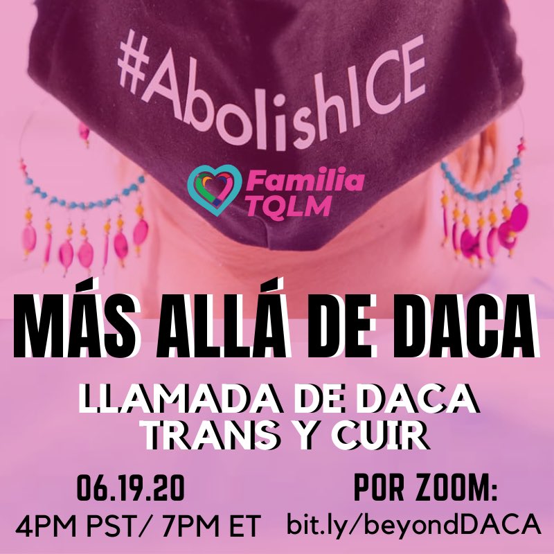 familiatqlm's tweet photo. Únete a nosotrxs mañana para una llamada de zoom de inmigrantes trans y cuir.
Ahora es el momento de luchar por todos los inmigrantes, más allá de DACA. Nuestra familia no puede quedar atrás.
Enlace de zoom: https://t.co/mikz8HVGxQ
#BeyondDACA #AbolishICE #DACA #DACAWins https://t.co/RuVcz1mrZN
