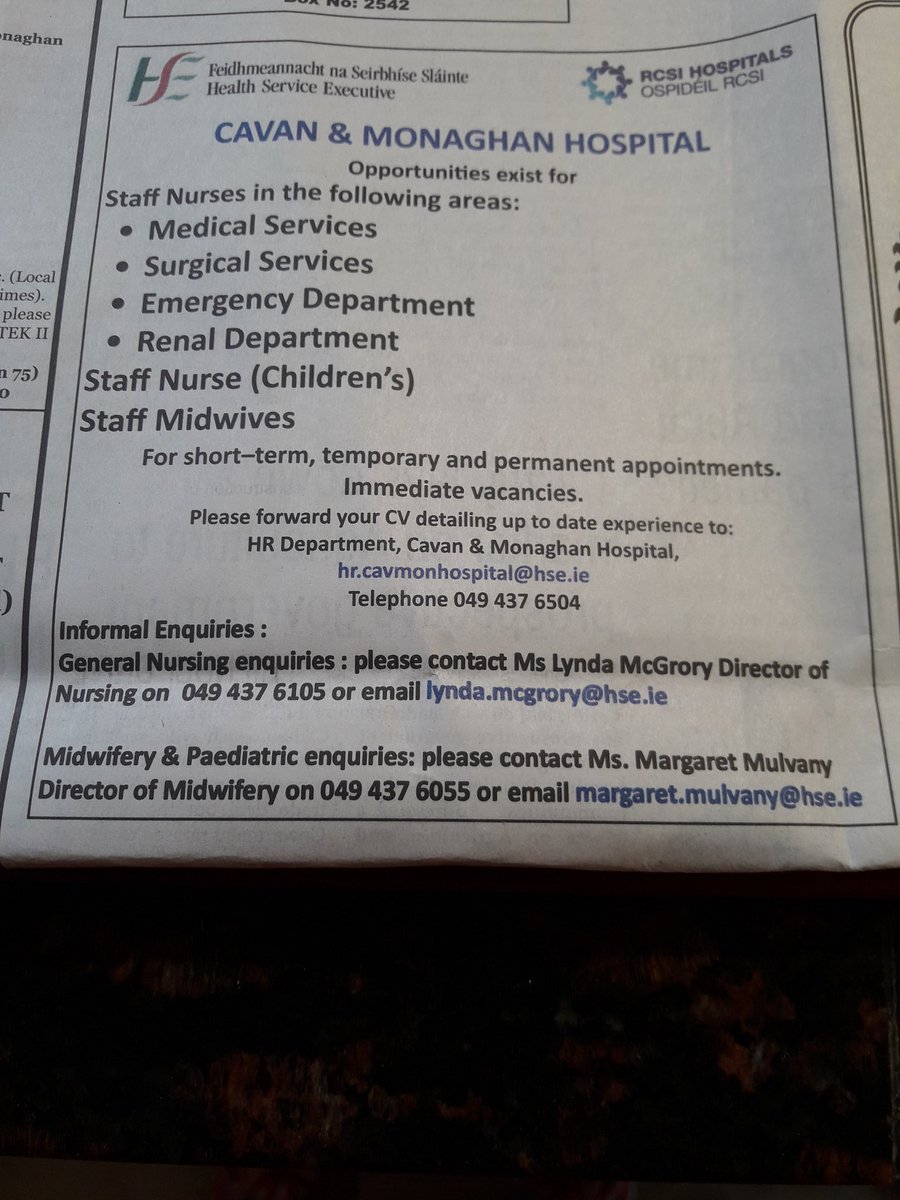 Fancy coming to work with lovely friendly & professional staff. Opportunity for further learning. A place that has affordable property to buy / rent. Walking distance to the town centre. Well you'll find it all & more at Cavan & Monaghan Hospital. Looking forward to meeting you.