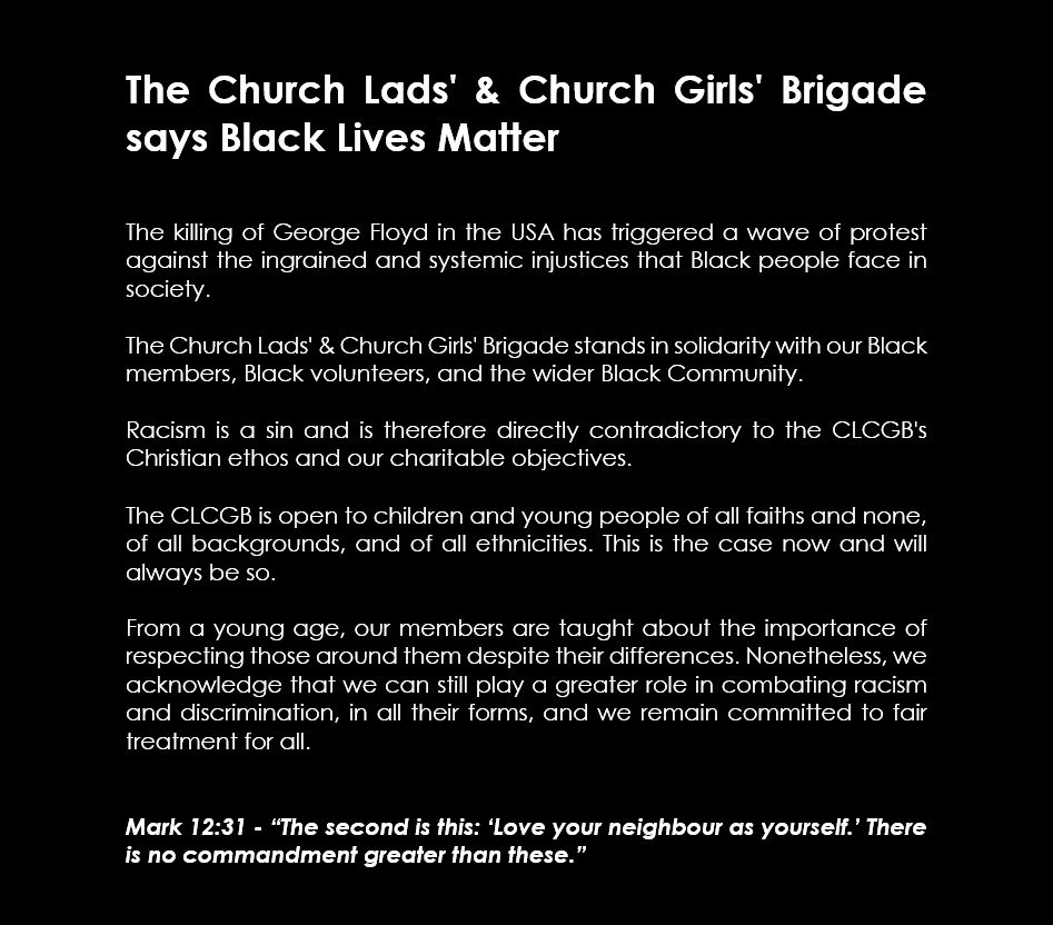 CLCGB's tweet photo. A statement from the Church Lads' &amp; Church Girls' Brigade on #BlackLivesMatter https://t.co/30fg6zjpsX