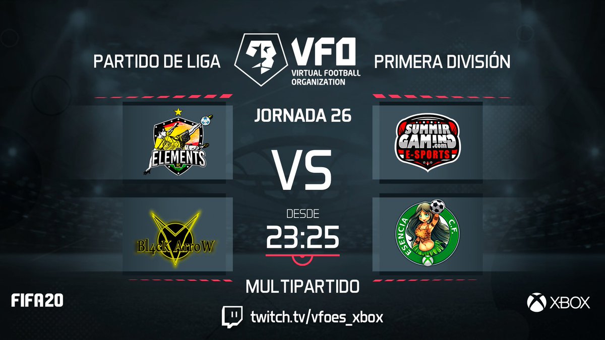⭐ PARTIDAZO | JORNADA 26

⏰ 23:25hr 
⚽ <a href="/eLeMeNtSFC_/">eLeMeNtS FC</a>  vs @SummirGamingFC 
⚽ @Bl4cKArroW_VFO  vs <a href="/EsenciaCF/">Esencia C.F.</a> 
🎙 <a href="/InmortalSFC/">inmortal</a> <a href="/SeeergioGM/">Sergio González</a> 
📺 twitch.tv/vfoes_xbox