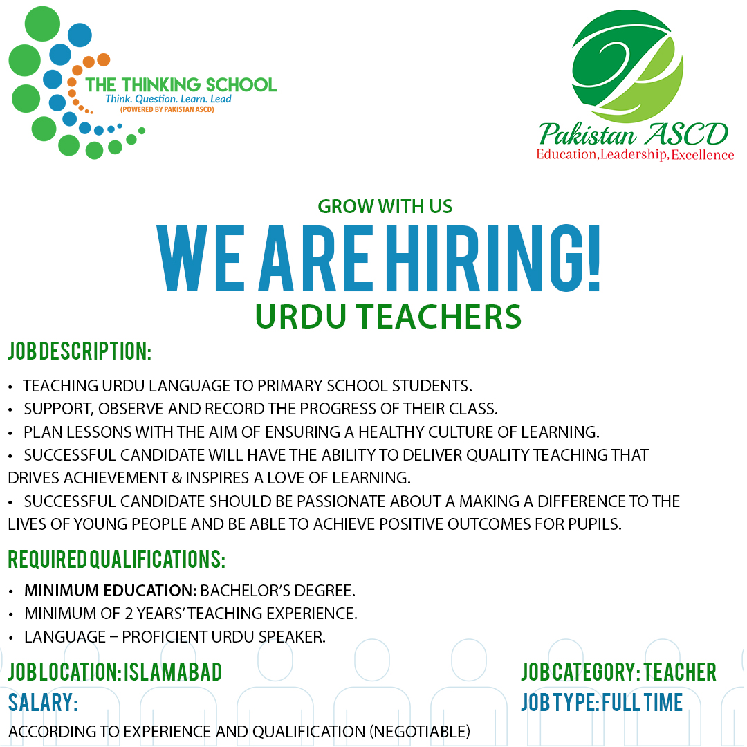 We Are Hiring Urdu Teachers.
-
You can contact us!!👇🏻
+92 331 8867455
jobs@pakistanascd.org

#thinkingschool #ascd #schoolinislamabad #learning #teaching #edtech #education #classroom #parents #students #growthmindset #Montessori #schoolculture #alevels #montessori #parenting