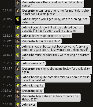 Puhekupla_Staff's tweet photo. Johno unbanned his account after requests, talked about deleted users and Macklebee's return for #Habbo2020. https://t.co/671falfsoO