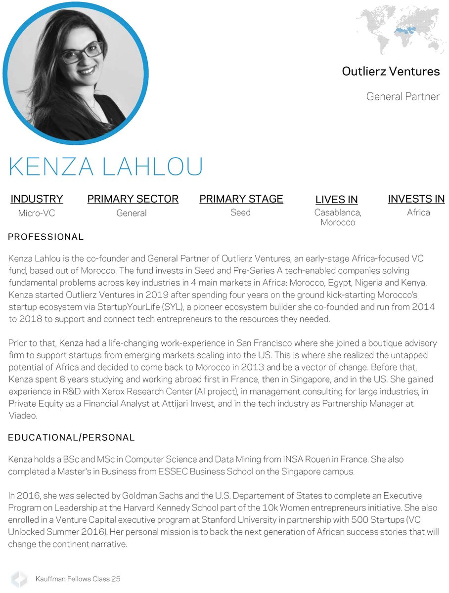 Kauffman Fellows (@kauffmanfellows) on Twitter photo Welcome to Class 25 <a href="/kenza_lahlou/">Kenza Lahlou</a>! We love the work you are doing with <a href="/outlierz_vc/">Outlierz Ventures</a> to back the next generation of African success stories that will chance the continent's narrative. 28/61 Welcome to Class 25 <a href="/kenza_lahlou/">Kenza Lahlou</a>! We love the work you are doing with <a href="/outlierz_vc/">Outlierz Ventures</a> to back the next generation of African success stories that will chance the continent's narrative. 28/61