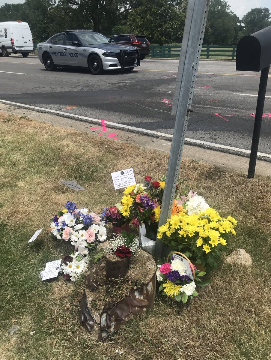 TNPhotoShelleyM's tweet photo. Flowers have been left near the scene where a @BTNPD police officer was killed in a crash this morning on Franklin Rd in #BrentwoodTN. https://t.co/f2wiHhmUL4