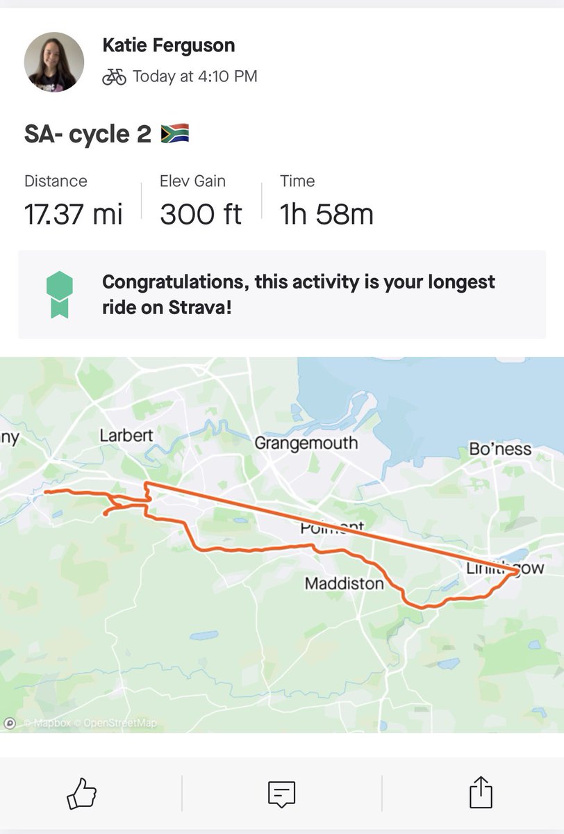 KatieFerguson46's tweet photo. That’s me done my 33 miles now too! Me and my Dad did it over 2 cycles along the Union canal. Feeling the burn in my legs tonight ❤️🇿🇦🏴󠁧󠁢󠁳󠁣󠁴󠁿@LHSWoodlands @WoodlandsPrimSA @LarbertHigh #33milechallenge https://t.co/0KNnbKv6VW