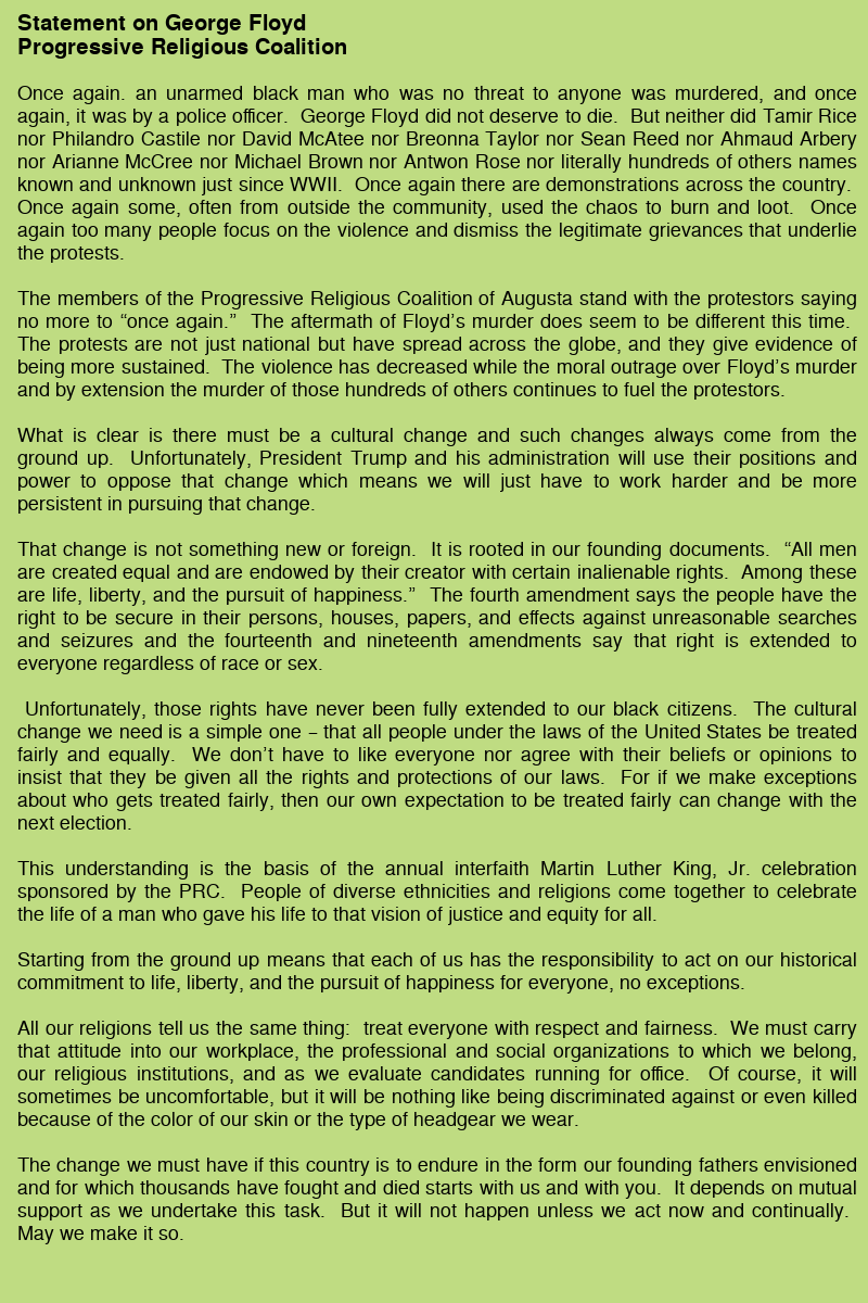 Statement from the Progressive Religious Coalition of Augusta GA concerning George Floyd: