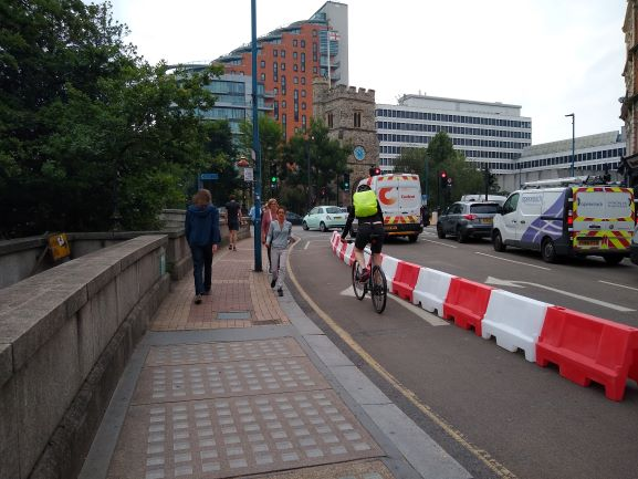 11/ Pop-up protected cycle lane on Lower Richmond Rd, Wandsworth. Photo  @wandbc