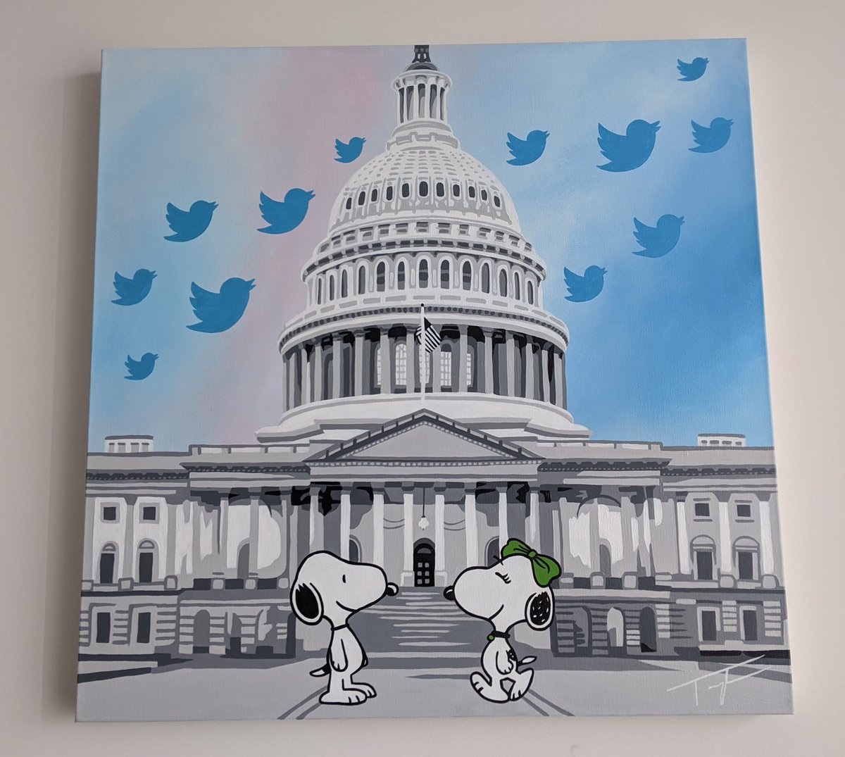 One reason I love working from home:

I get to stare at this commissioned piece bu <a href="/tkopaintings/">Taylor Kampa Olson | TKO</a> from my engagement. (Twitter birds cuz we met on Twitter originally!)