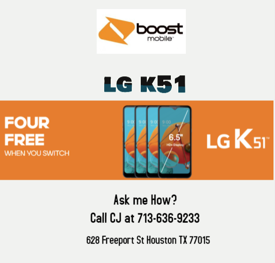 PhonesrusFrepor's tweet photo. Father's day sales are here!
Switch to Boost Mobile and get 4 LG K51 for FREE!!!

Contact us at: (713)-636-9233
Visit us at: 628 Freeport St Houston TX 77015 https://t.co/iopYGqlJuP