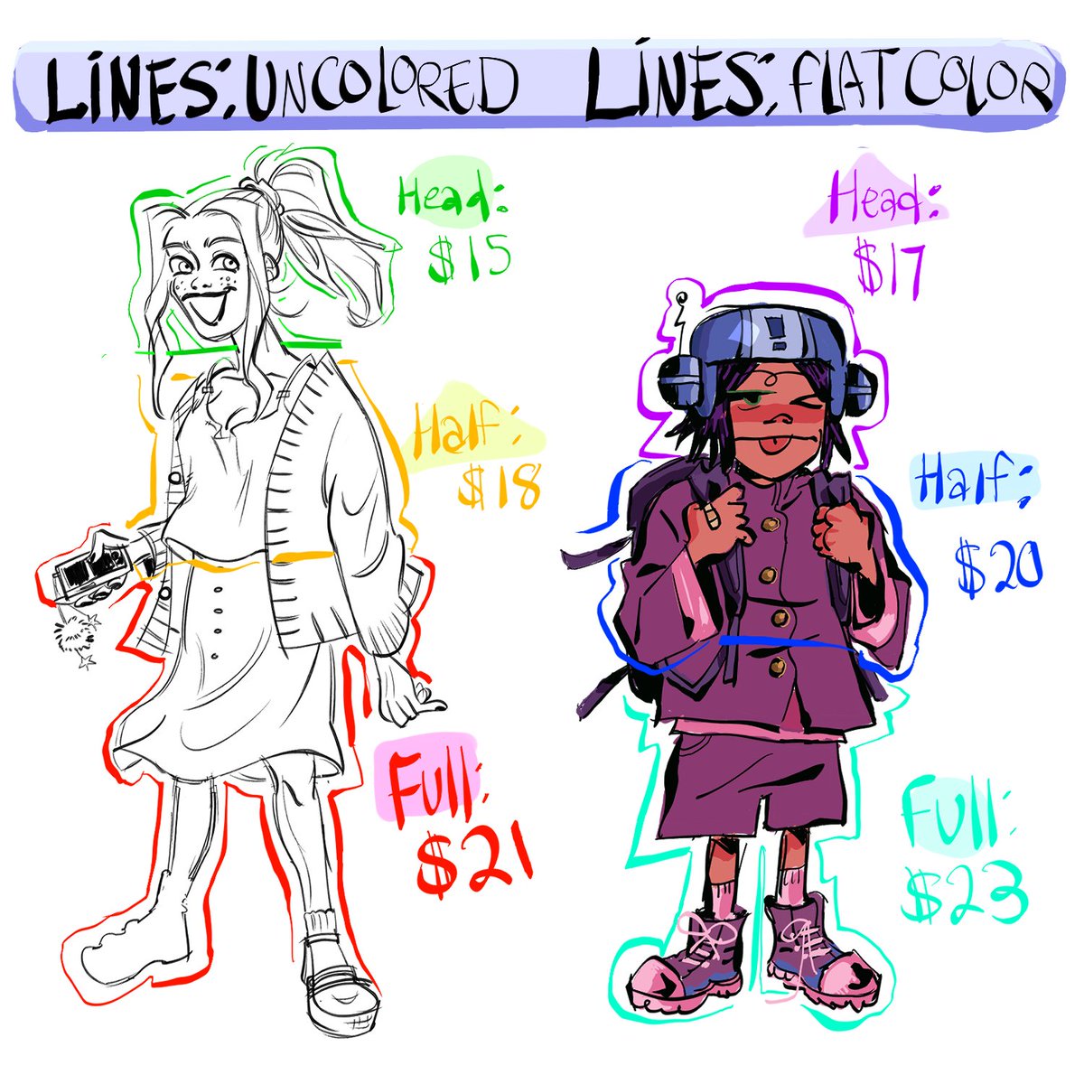 hello all. the start date for my summer job got delayed so i need to make some extra cash while i wait to put towards college. so im opening some commission slots. heres some info. dm me if interested ! 