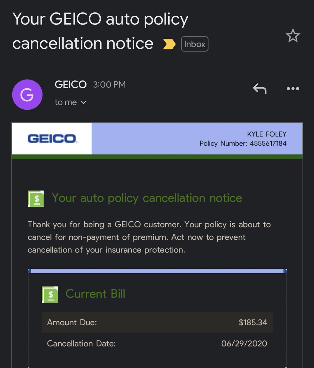 Excellent, Geico is actually just canceling my policy because I can’t afford to pay more than ~half of what I owed. FML