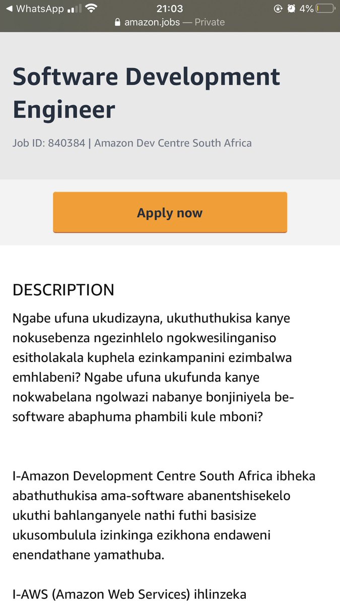 _Bonga's tweet photo. Oh damn. Amazon has a job description written in Zulu. This is small but breath of fresh air yaz 😳 https://t.co/O5zLk6AKt8