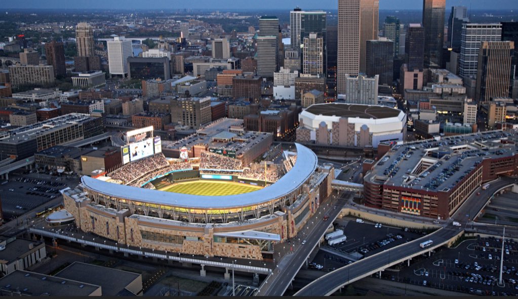 MLBcathedrals's tweet photo. Fun fact: At only 8.5 acres, Target Field has the smallest footprint in @MLB, smaller than Fenway even, but gains another two acres by extending over railroad tracks and roadways.  #Twins https://t.co/xnzRdoOFPo