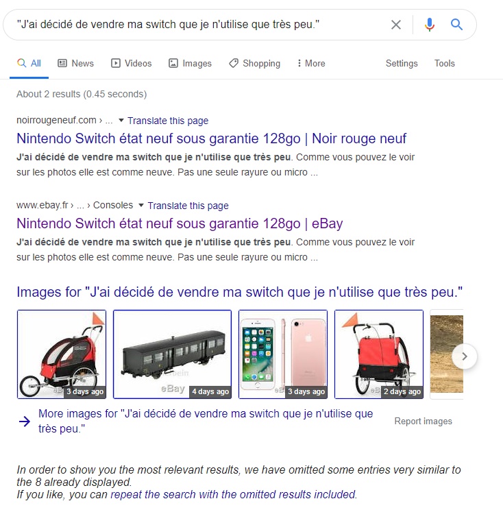 Je commence par regarder le profil du vendeur, pas très verbeuxDonc je fais une recherche de la première phrase sur un moteur de rechercheEt surprise, il y a aussi une annonce sur Ebay. Après tout, rien de surprenant pour une vente