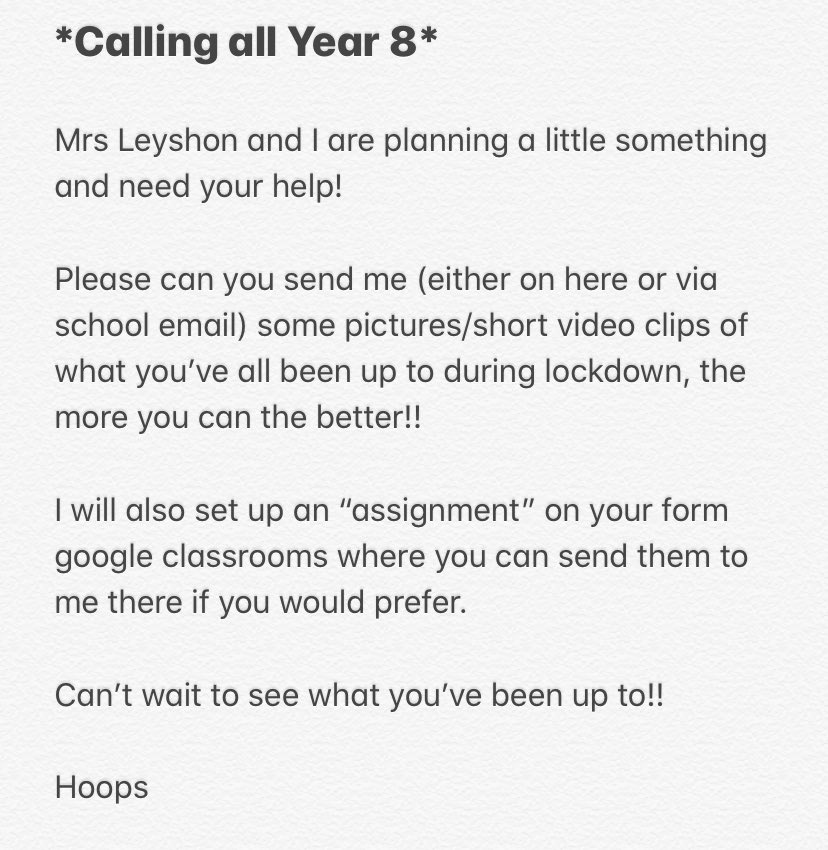 SJHSYear8's tweet photo. Please spread the word Year 8!! I have a little lockdown project on the go and need all your help!! https://t.co/u3hXe4kZOz
