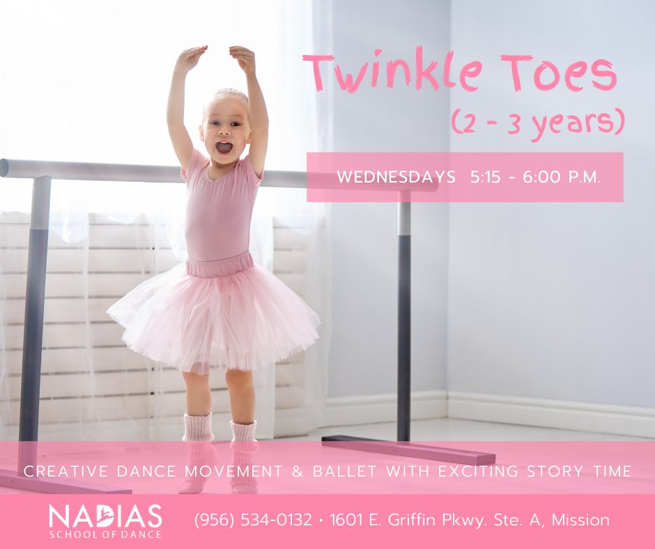 RGVTotsTweens's tweet photo. Nadia's School of Dance ✨Twinkle Toes✨ class is a fun and engaging blend of creative movement, ballet, and story time for dancers 2 - 3 years old. You can register for this class by calling 956-534-0132. But hurry before space runs out!
#ballet #twinkletoes #NSD https://t.co/ecrc9VGrBh