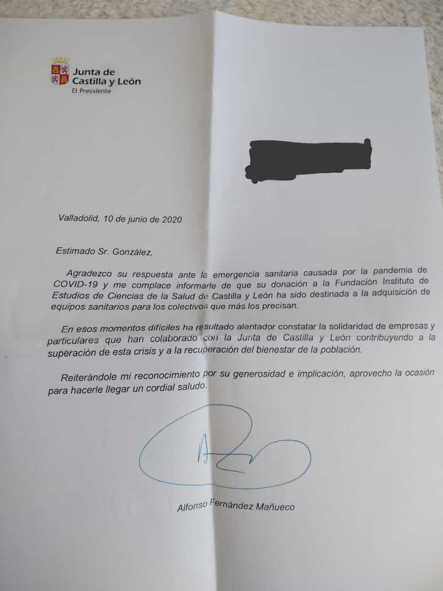 Agradecimiento del presidente de la Junta, Fernández Mañueco, por la donación de la #mediaterrazaton. Gracias de nuevo a tod@s