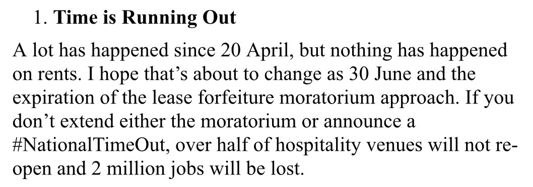 ⏰ Time is running out. ⏰ With rent day approaching fast, our founder @DowneyJD has written again to @RishiSunak calling for a #NationalTimeOut and an extension to the #ForfeitureMoratorium. Hospitality businesses want to keep going but need decisions NOW.