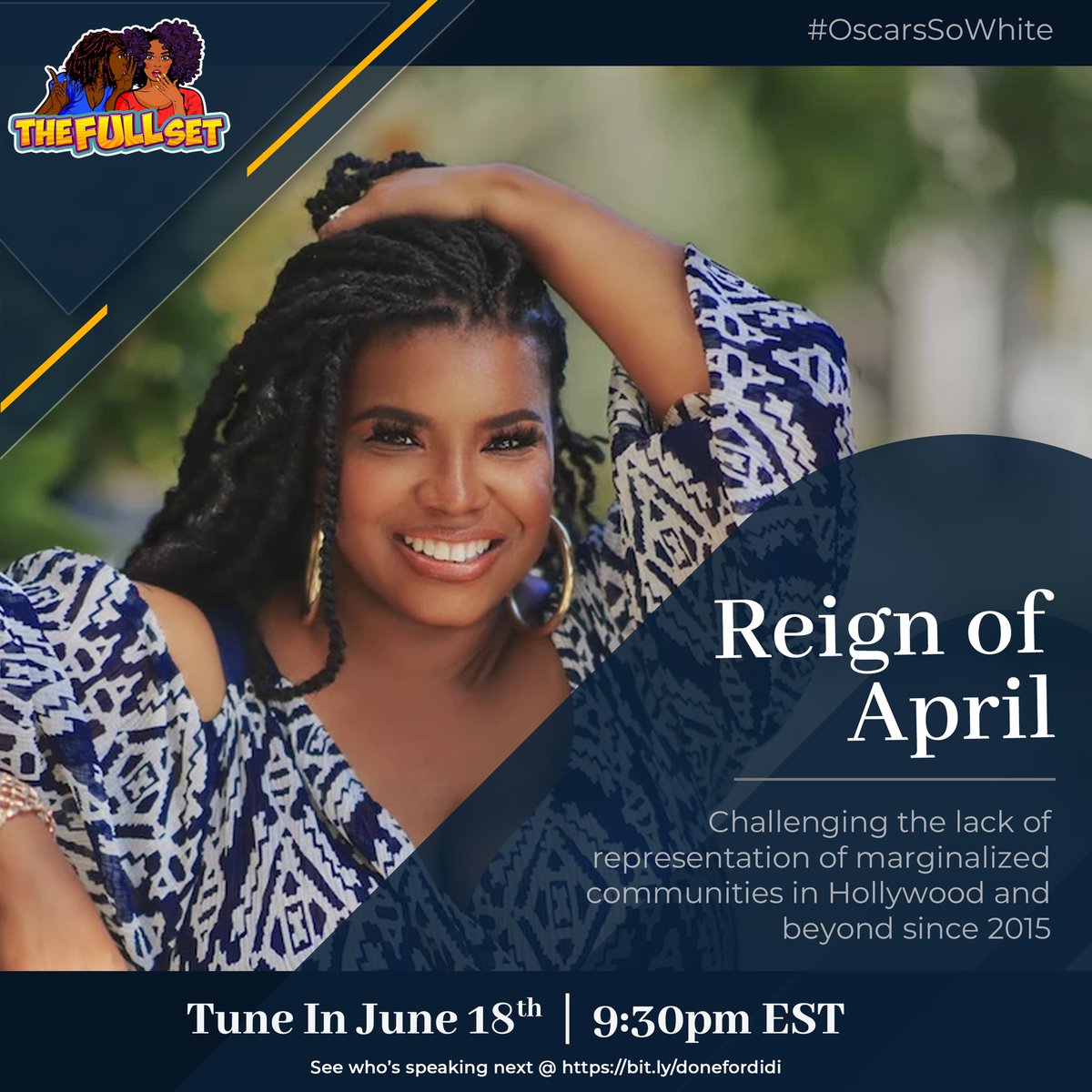 NoFillsPlease's tweet photo. Join us at 9:30 PM EST https://t.co/F2TvJoeemC 

Tune into our podcast and live @nofillsplease when hostx with the mostx @TheDiDiDelgado sits w/ Diversity &amp; Inclusion Advocate, Media Maven CEO, ReignStorm Ventures Creator, #OscarsSoWhite @ReignOfApril https://t.co/qeFwMknqbp