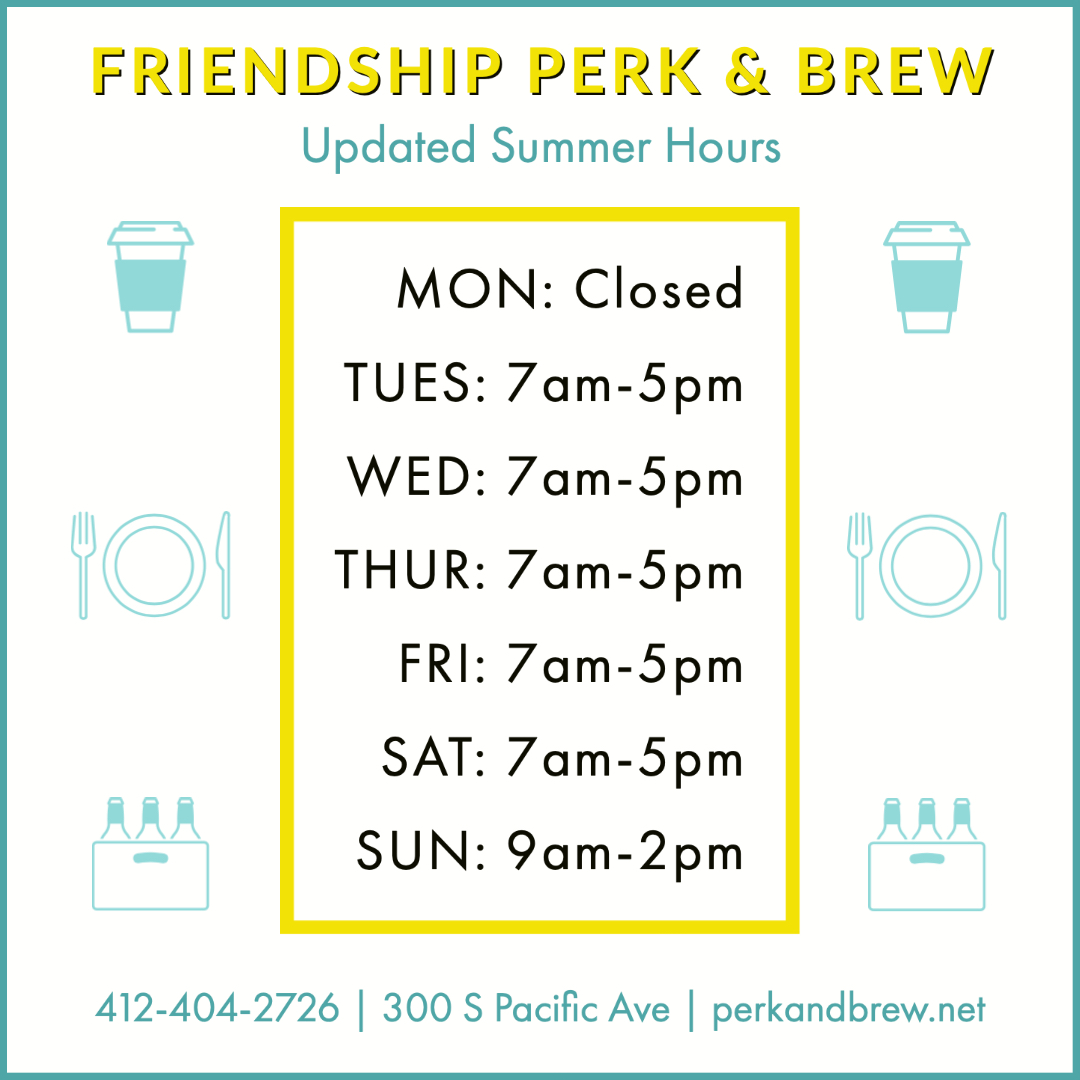 and_perk's tweet photo. 🎉 Summer Hours Update &amp; Our Dining Room is Open 🎉

We've updated our hours this summer, 7am-5pm Tuesday through Saturday and 9am-2pm for Sunday Brunch 😎 Stop in for coffee, a  meal, or a beer!

#pgheats #pgh #pghfood #pittsburgheats #pittsburghfood #pghfoodie #pittsburghfoodie https://t.co/aKhyYH48Jt