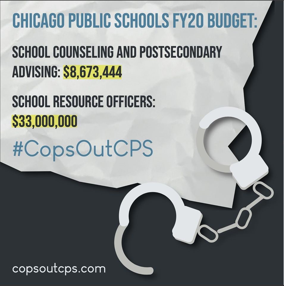 Here in Chicago,  @ChiPubSchools has budgeted $33 million dollars for School Resource Officers, but only $8.6 million dollars for school counseling.   #CPDoutofCPS   #PoliceFreeSchools 4/18