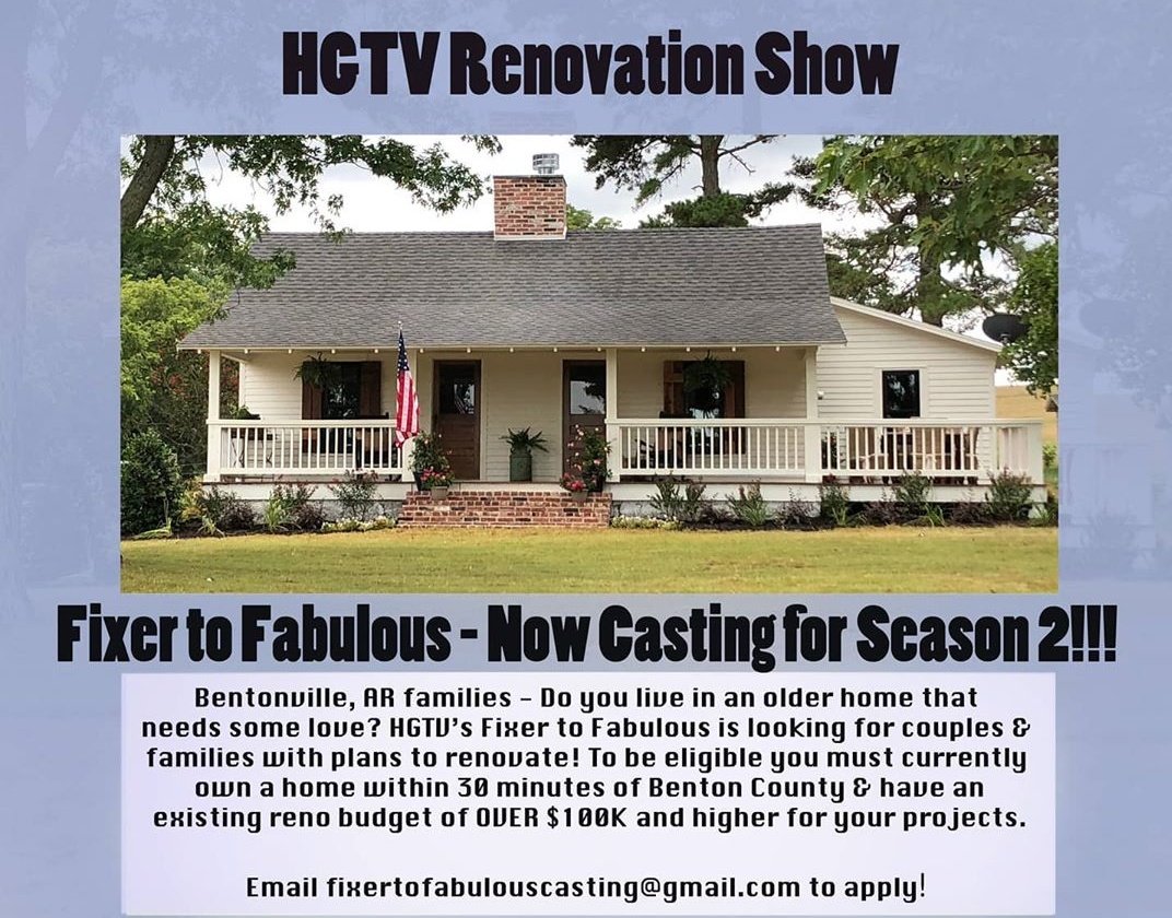 Season 2 of HGTV's Fixer to Fabulous are searching for couples or families living in the Benton County area (or within 30 min.) planning on doing a $100K renovation to their home *older homes are preferred*

Please apply by filling out our application: squeakywheelcasting.com/apply