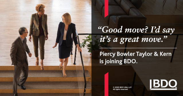 .@BDO_USA welcomes nine partners and approximately 60 professionals from Piercy Bowler Taylor & Kern, CPAs (PBTK), which serves clients in Las Vegas, Reno and Salt Lake City. Learn more about the firm's expansion: bit.ly/3eg98vc