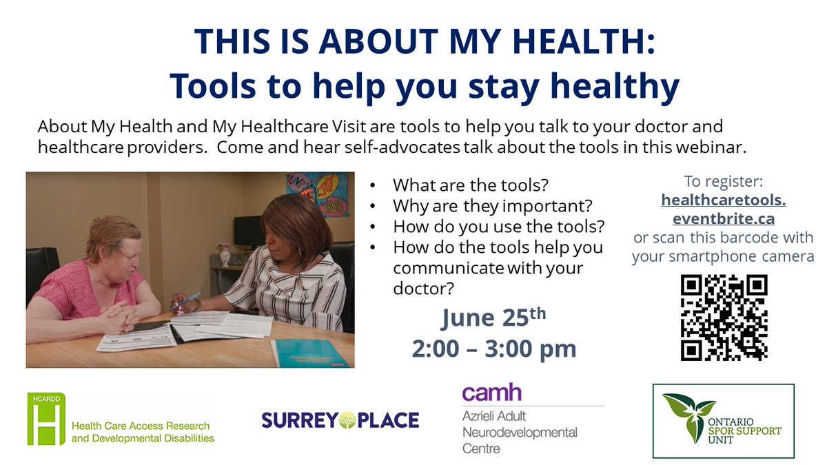 H-CARDD (@hcardd) on Twitter photo Join us for a special webinar focused on the About my Health and My Health Care Visit tools from <a href="/SurreyPlaceON/">Surrey Place</a>. Come and hear self-advocates talk about these tools, why they are important, and how to use them to communicate & more. Register at: healthcaretools.eventbrite.ca Join us for a special webinar focused on the About my Health and My Health Care Visit tools from <a href="/SurreyPlaceON/">Surrey Place</a>. Come and hear self-advocates talk about these tools, why they are important, and how to use them to communicate & more. Register at: healthcaretools.eventbrite.ca
