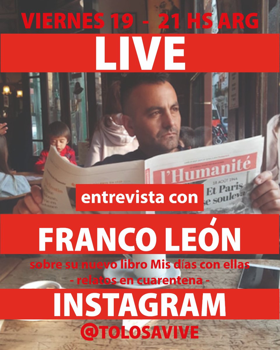 RECORDÓ A SUS EX EN CUARENTENA Y SACÓ UN LIBRO
Pudo haber hecho otras cosas. Pero Franco León optó por dedicarles una novela íntegramente gestada en plena juerga del #COVID19
Este viernes vamos a charlar por el instagram de <a href="/InfoTolosaVive/">Tolosa Vive</a> sobre esas 12 historias sin final feliz