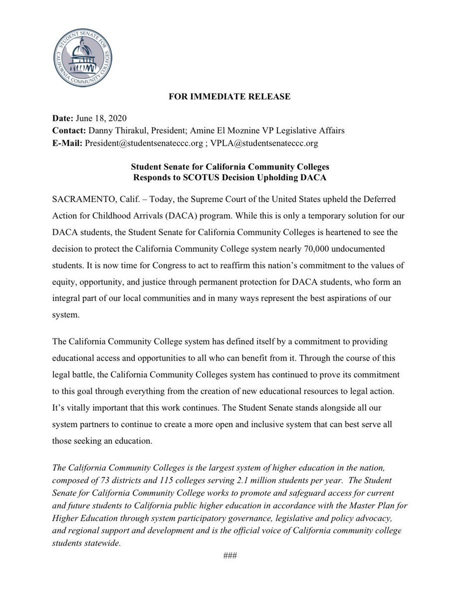 SSCCC_OFFICIAL's tweet photo. [PRESS RELEASE] Today, the Supreme Court of the United States upheld the DACA program. While this is only a temporary solution for our DACA Students the SSCCC is heartened to see the decision to protect CCC system nearly 70,000 undocumented students. #WeStandWithDACA #CCCForDACA https://t.co/Gj3GPt9YI6