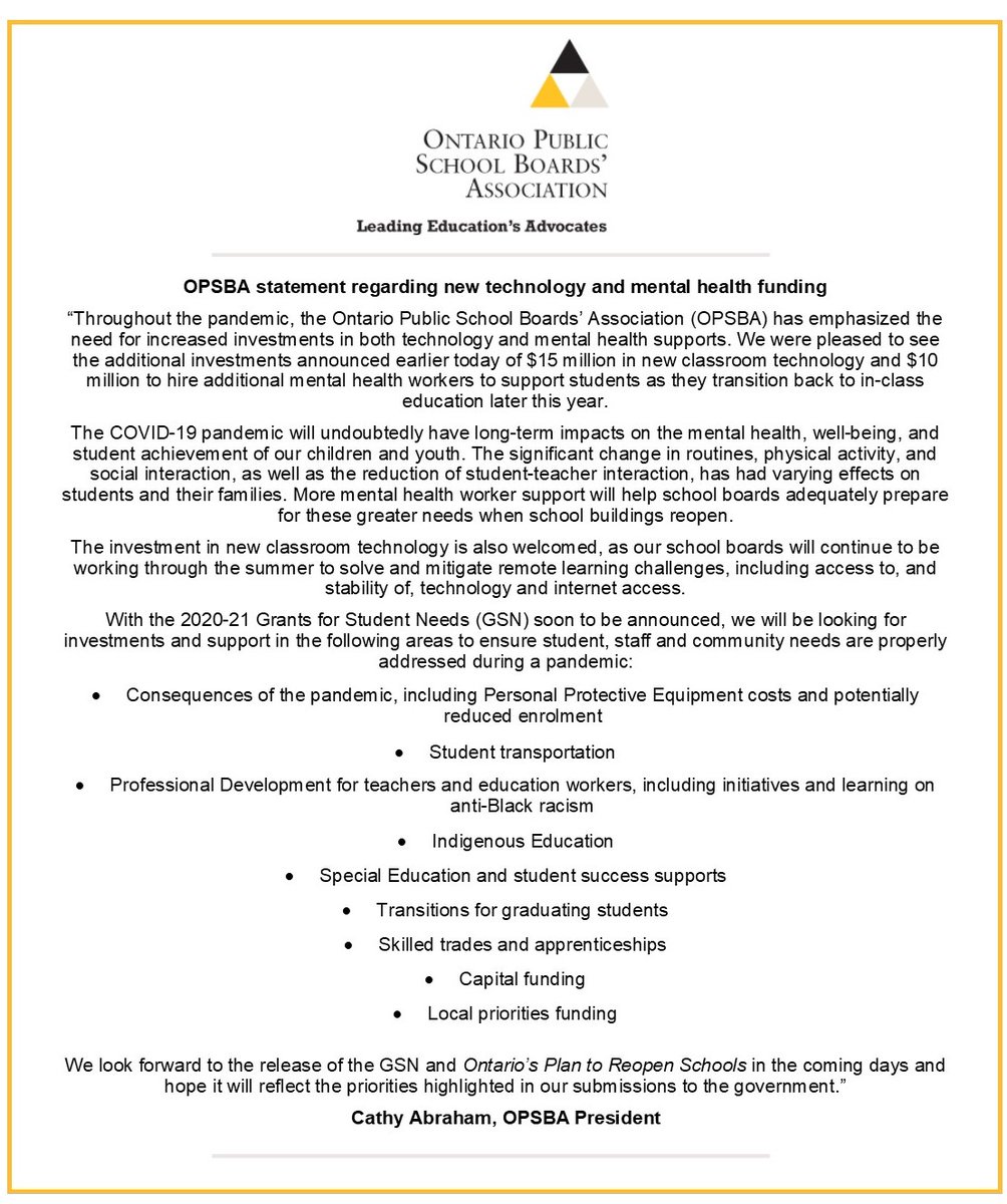 OPSBA's tweet photo. Our statement regarding today's mental health and technology funding investments. It can also be found on our website at https://t.co/ftcfsin0Ty. #OPSBAstatements #OntEdTogether https://t.co/n54aZWUWJk
