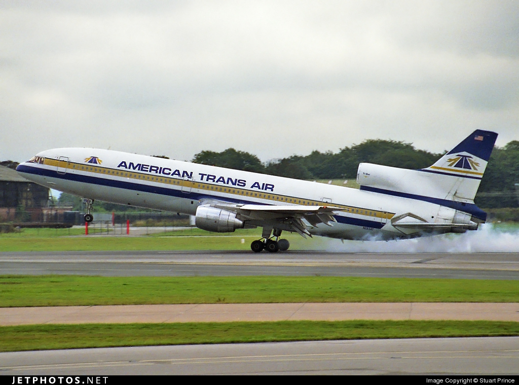 n194at's tweet photo. American Trans Air (ATA Airlines) L1011-50 arriving @manairport Nov 1994 photo credit Stuart Prince #AvGeek #L1011 #TriStar #TriStarThursday #ATA #MAN @AvgeekMel https://t.co/PXuQYzHpAK