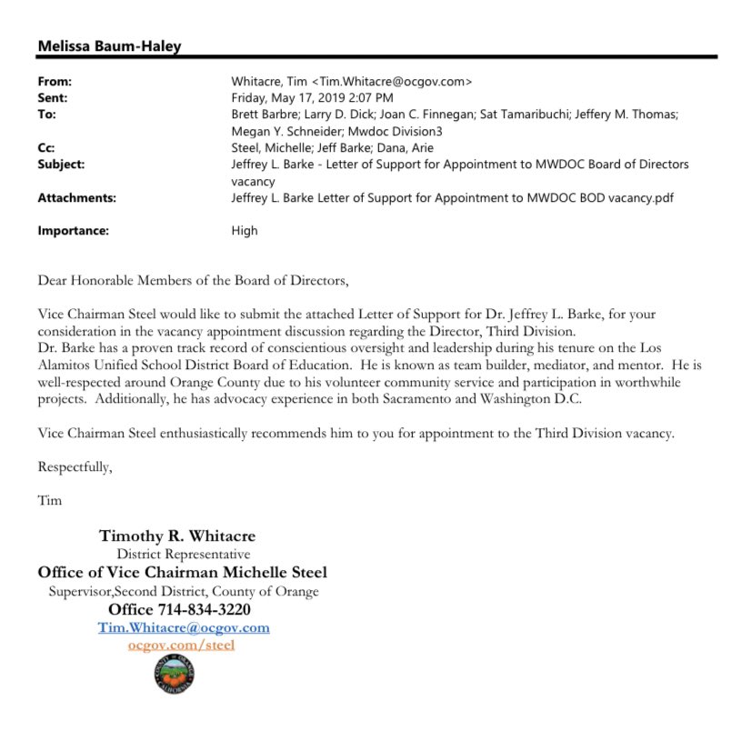 This information about Dr Jeff Barke became public record when he tried to fill a vacancy on the Board of Directors for the Municipal Water District of Orange County. He received 2 letters of recommendations:Michelle SteelTim Whitacre (District Director for Steel)