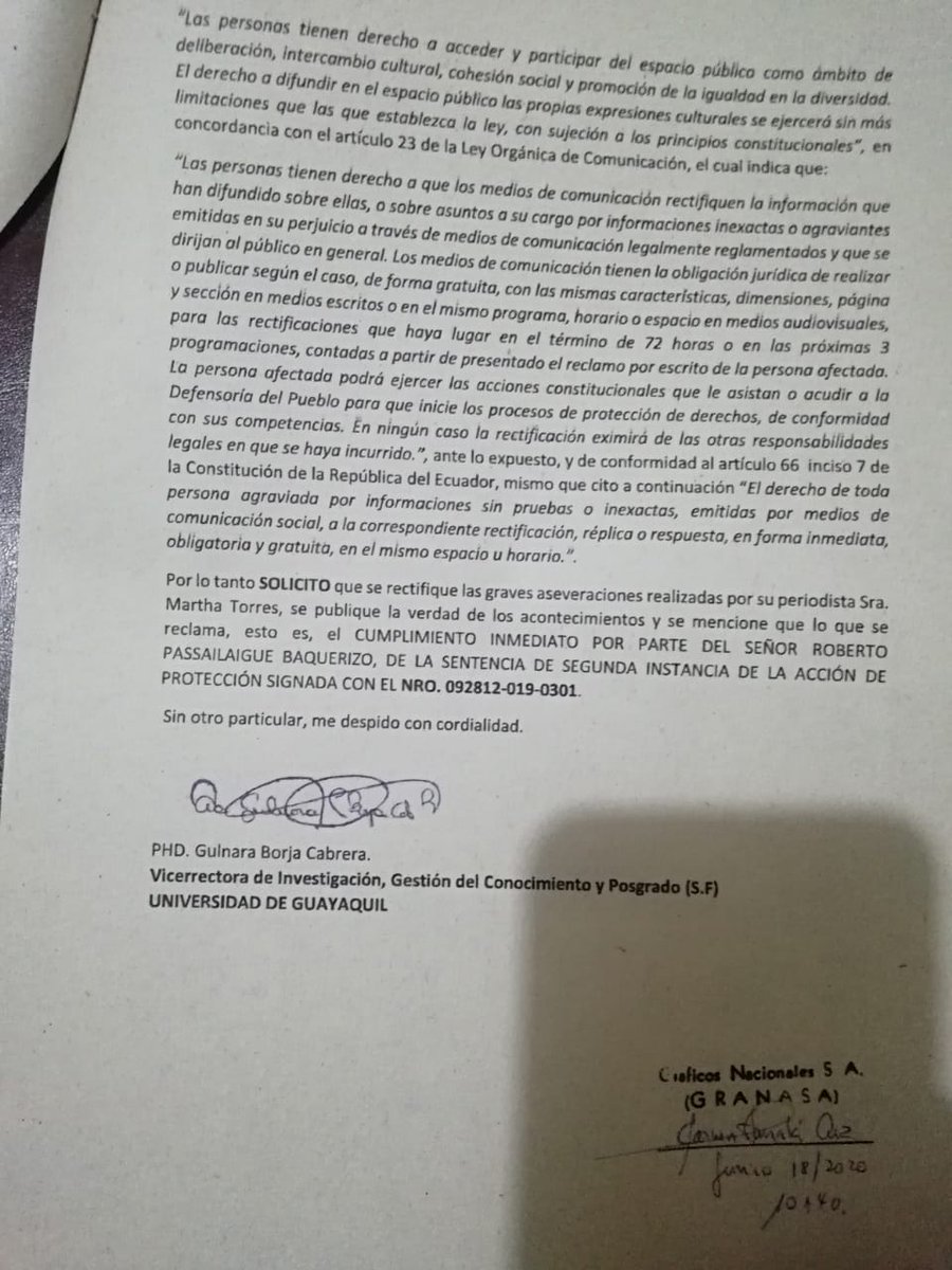 gulnaraborja's tweet photo. Pongo en conocimiento que he solicitado a Diario  @Expresoec la rectificación de su nota periodística que escribe la Sra Martha Torres, la cual adjunto. La integridad es un segundo patrimonio, no jueguen con ella, exijo respeto a la academia y a mi persona https://t.co/tZ1iIaiSgc https://t.co/hOQYFJVoMs