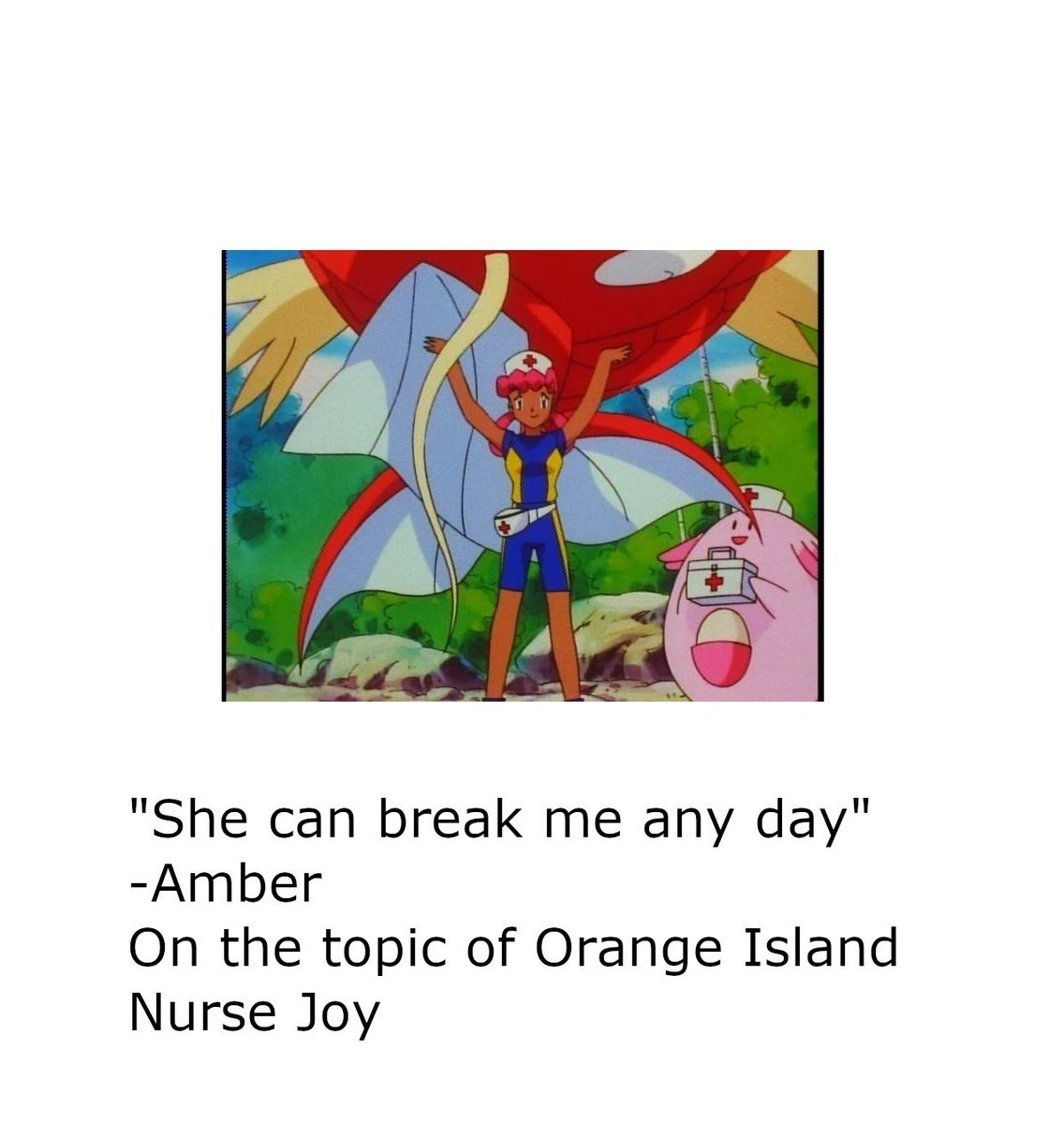 PodcastTth's tweet photo. Orange Island Nurse Joy is apparently one of Amber's Waifus check it out on our podcast. #anime #pokemon #funny #preview #podcast #silly #fun #newfinds https://t.co/OBFEx9FivX