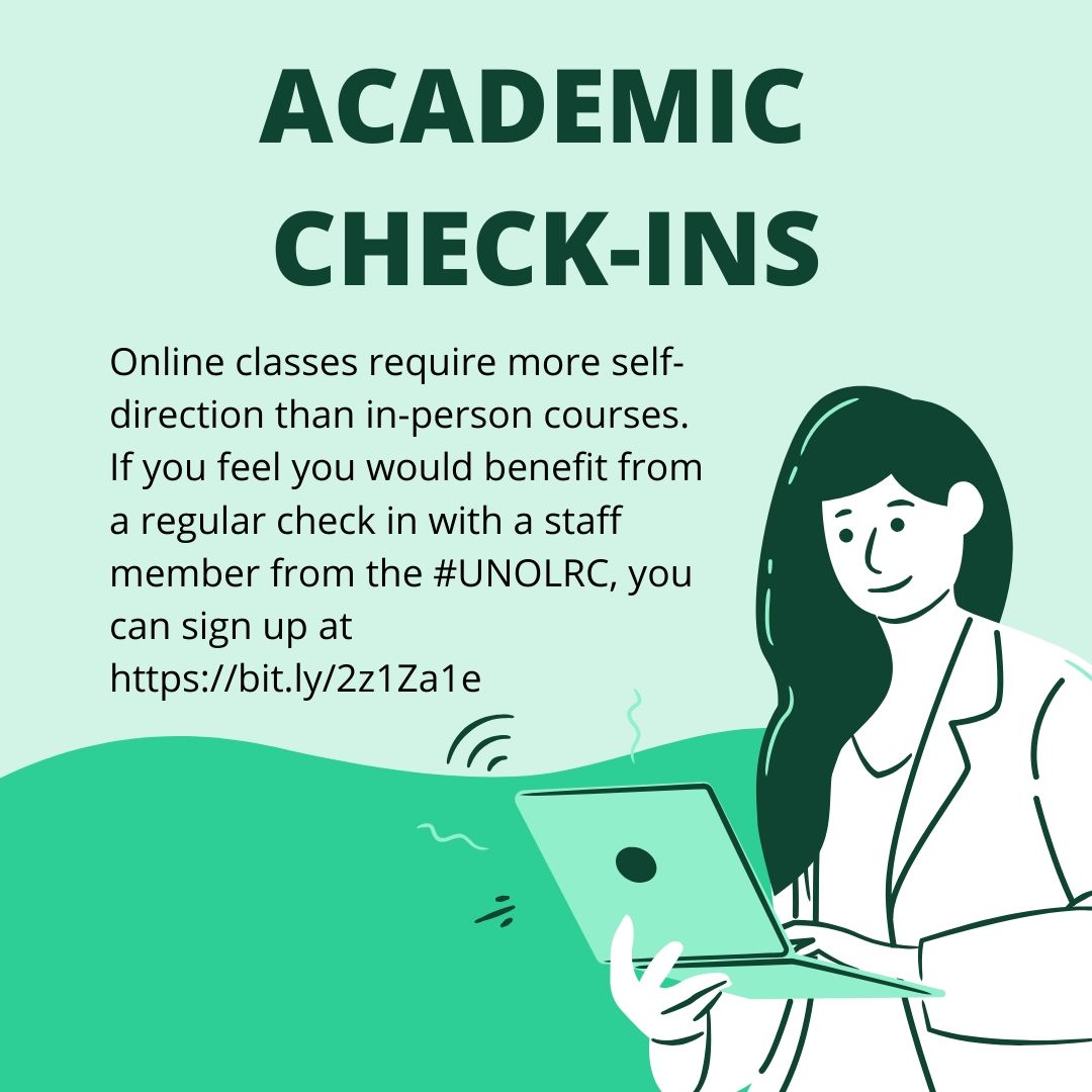 UNO_LRC's tweet photo. Online classes require more self-direction than in-person courses. If you feel you would benefit from a regular check in with a staff member from the #UNOLRC, you can sign up at https://t.co/HKnyFimzGa #privateerpathways #unoproud https://t.co/6CiUYAoC2I