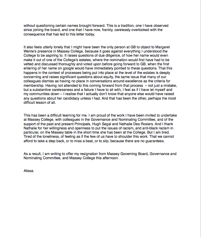 university of toronto professor Alissa Trotz has resigned from her positions at <a href="/MasseyCollege/">Massey College</a> over the school's appointment of Margaret Wente as a senior fellow. during her journalism career, Wente published racist pseudoscience, and was repeatedly investigated for plagiarism