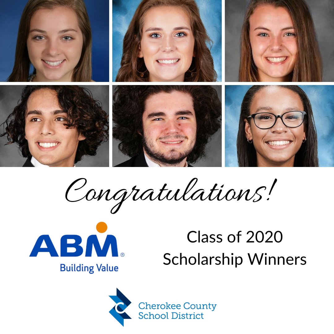 CherokeeSchools's tweet photo. Congratulations Class of 2020 ABM Scholarship winners: Lauren Haymore, Cherokee HS; Margaret Klements, Creekview HS; Jenna Doran, Etowah HS; Daniel Acosta, River Ridge HS; Jack Belisle, Sequoyah HS; Ella Elbeck, Woodstock HS! Learn more: https://t.co/TxDgUTevEl #CCSDfam #ABMCARES https://t.co/fAwukHPEDE