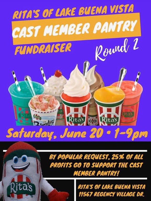 GregInORL's tweet image. Looking for another way to help CMs right now? What if it also got you something sweet? @RitasItalianIce in Lake Buena Bista is putting 100% of profits towards Cast Member Pantry Saturday 1p-9p! #CMHelp #VirtualDopey2020