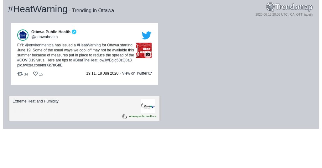 TrendsOttawa's tweet photo. #heatwarning is now trending in #Ottawa

https://t.co/HUTf4ZnHq5 https://t.co/nEj74JKfD0