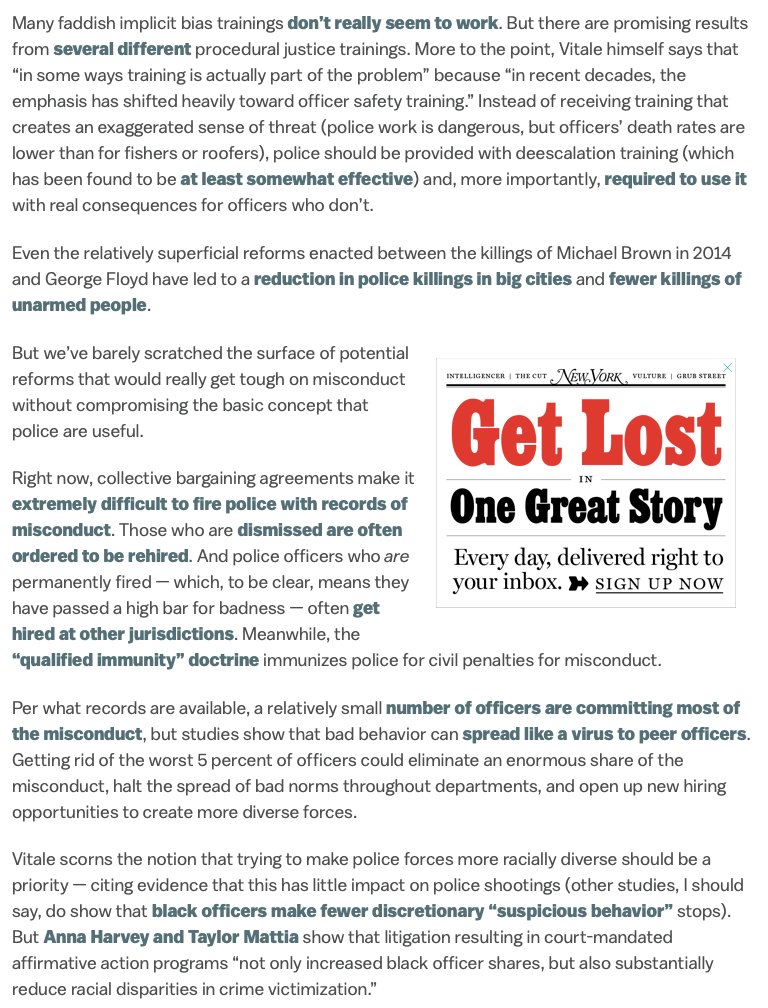 It is perverse to conclude that reform can’t or won’t work when the extremely mild reforms that have been adopted post-Ferguson have had benefits and when tons of very obvious reforms have not yet been done. https://www.vox.com/2020/6/18/21293784/alex-vitale-end-of-policing-review